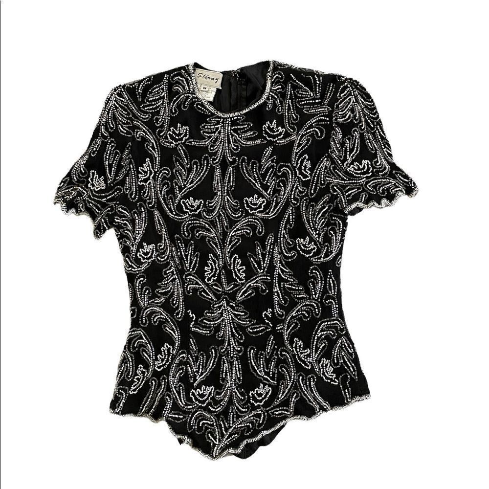 Vintage Stenay Beaded Formal Blouse Black with Clear and White Beads medium